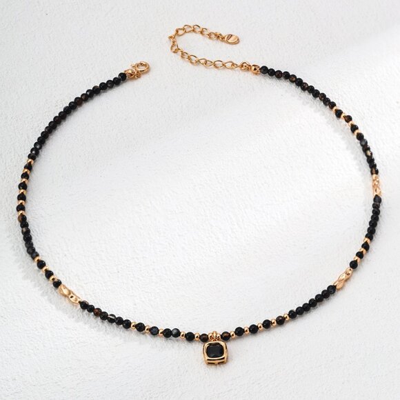 Handmade Jewelry - 🖤 Artisan Original Design Dainty Faceted Black Agate Beaded Necklace | S925